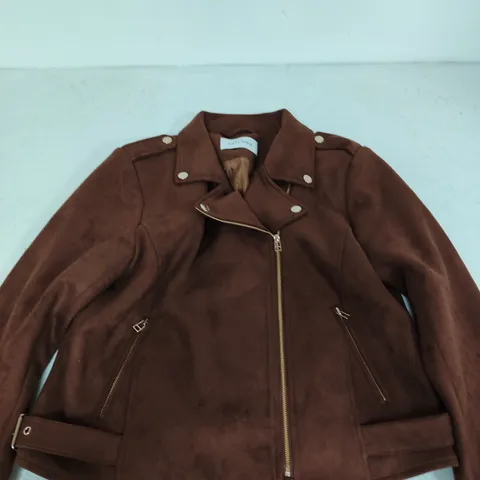 LASCANA BROWN SUEDE-LOOK BIKER JACKET – UK 12 (EU 38)