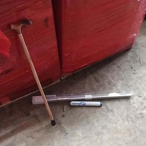 PALLET OF ASSORTED ITEMS TO INCLUDE - INSTANT DUSTER PRO, HIGH QUALITY WOODEN WALKING STICK, WINDOW CURTAIN RAIL