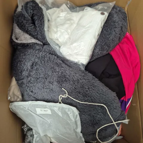 LARGE BOX OF APPROXIMATELY 25 ASSORTED CLOTHING ITEMS IN VARIOUS COLOURS, STYLES AND SIZES - COLLECTION ONLY