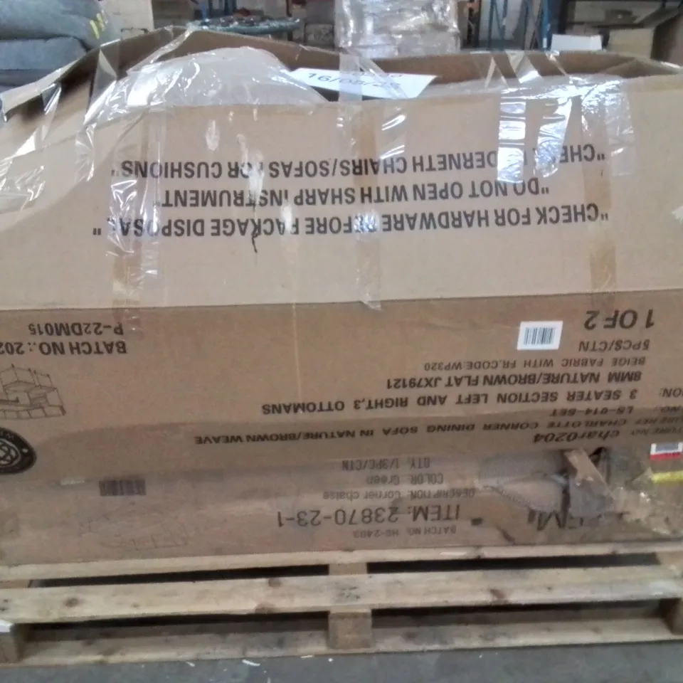 PALLET CONTAINING INCOMPLETE BOXED GARDEN FURNITURE PARTS.