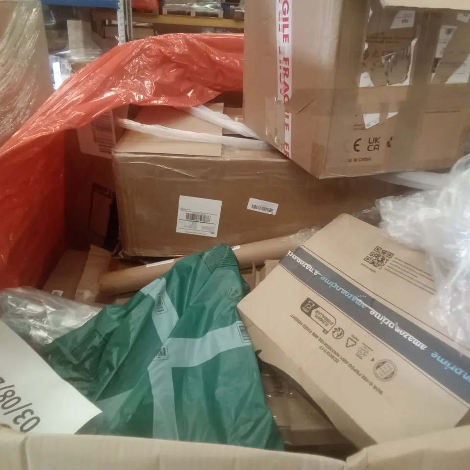 PALLET OF ASSORTED ITEMS INCLUDING KMINA COMFORT STOOL, OLARHIKE DOUBLE HIGH AIR MATTRESS, ADJUSTABLE PIVOT TABLE, WEDDING DECORATIVE ARCH, OCEAN LOONG TOWER FAN  