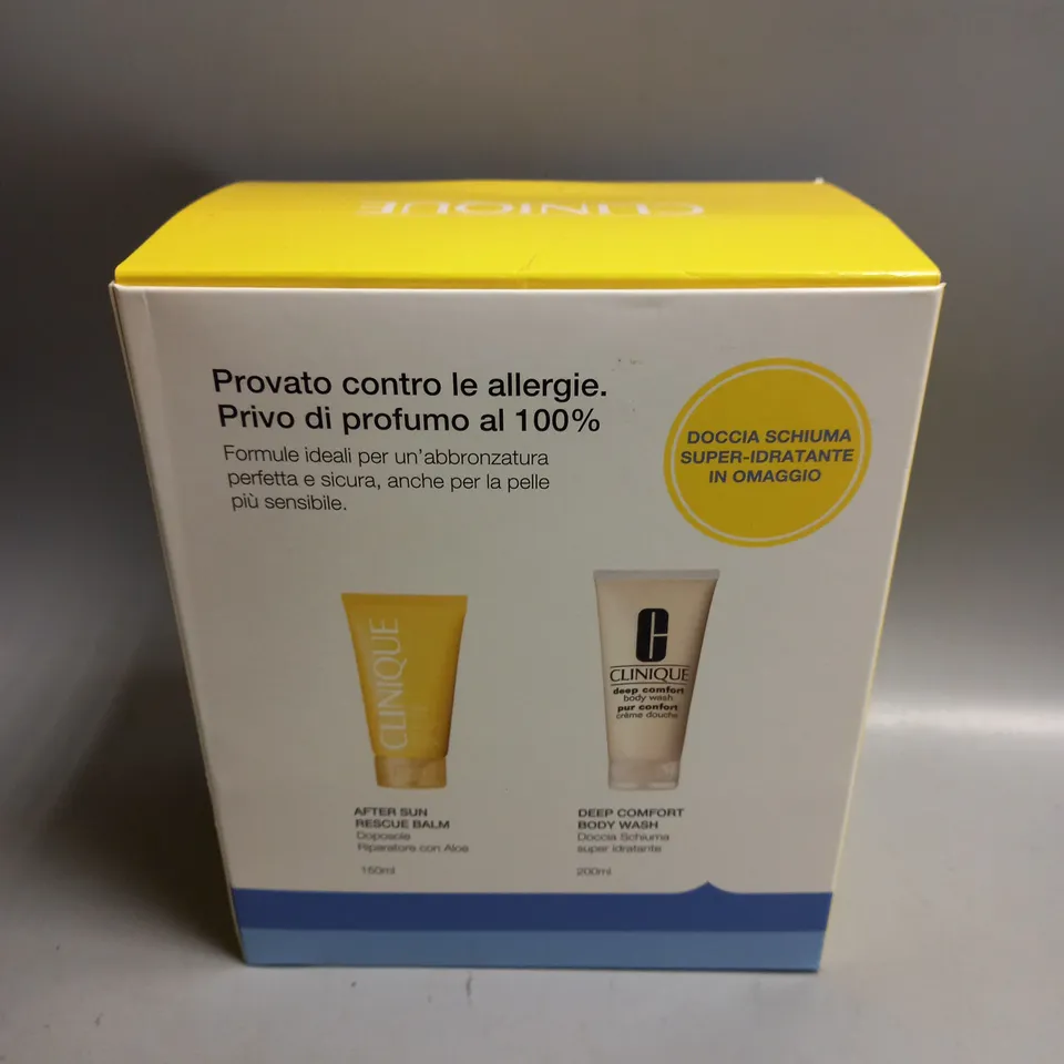 BOXED CLINIQUE SUMMER IN CLINIQUE AFTER SUN RESCUE BALM 150ML AND DEEP COMFORT BODY WASH 200ML GIFT SET