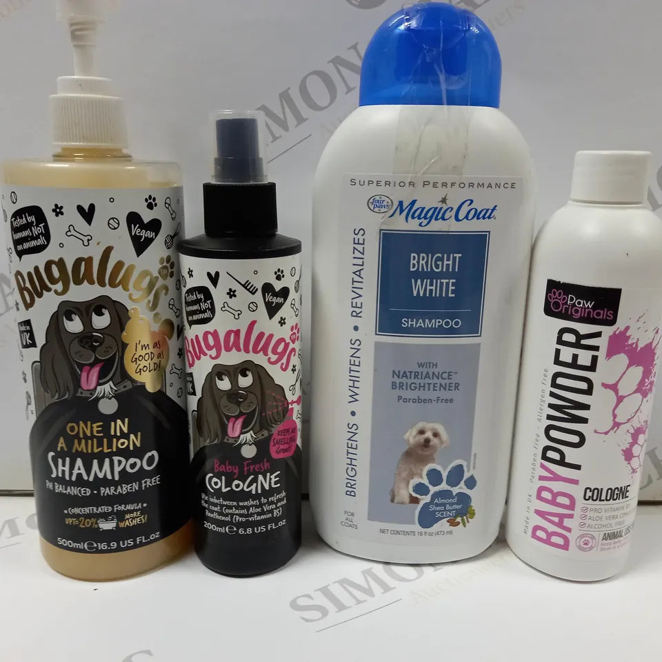 BOX OF 4 ITEMS TO INCLUDE BUGALUGS DOG SHAMPOO, BUGALUGS DOG COLOGNE AND BRIGHT WHITE PET SHAMPOO