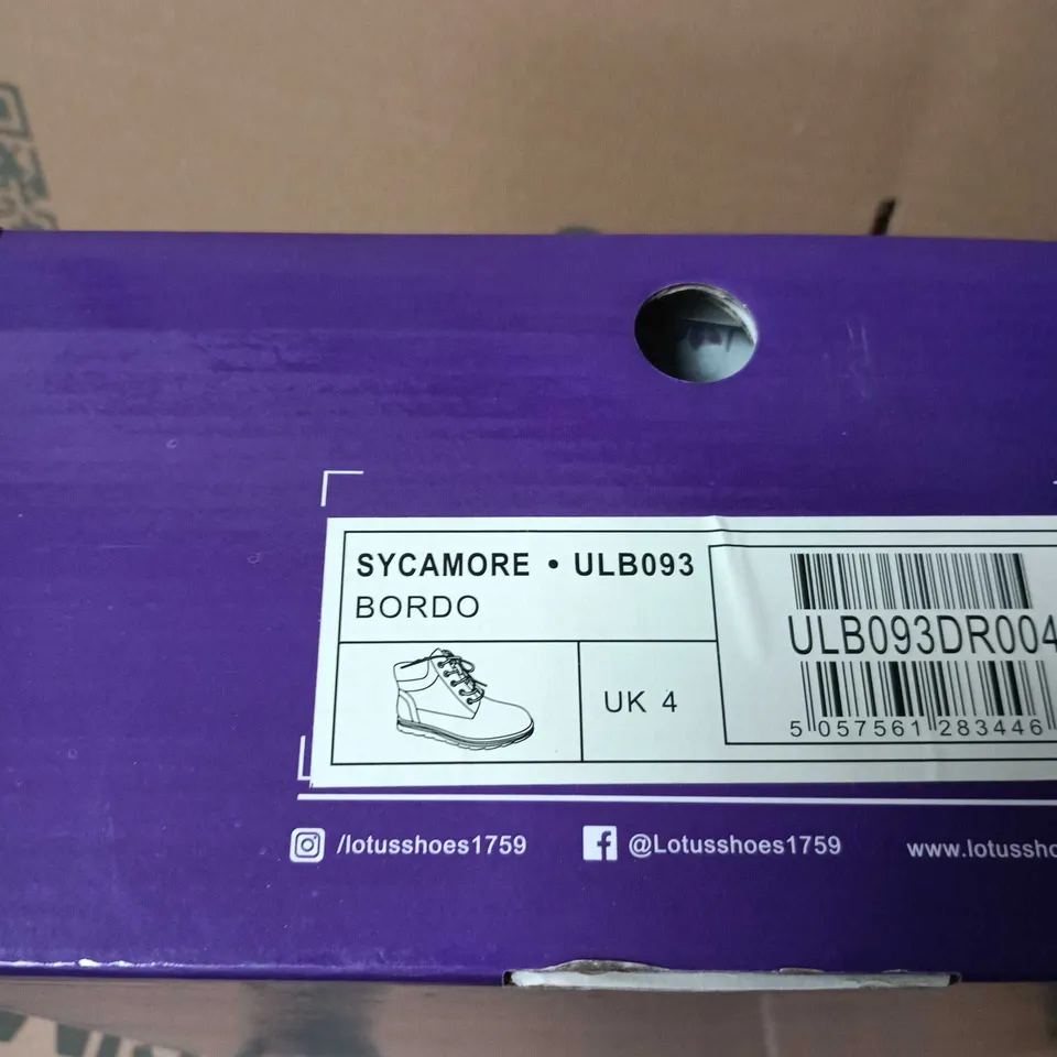 BOXED PAIR OF LOTUS SHOES SYCAMORE BORDO BOOTS – UK 4