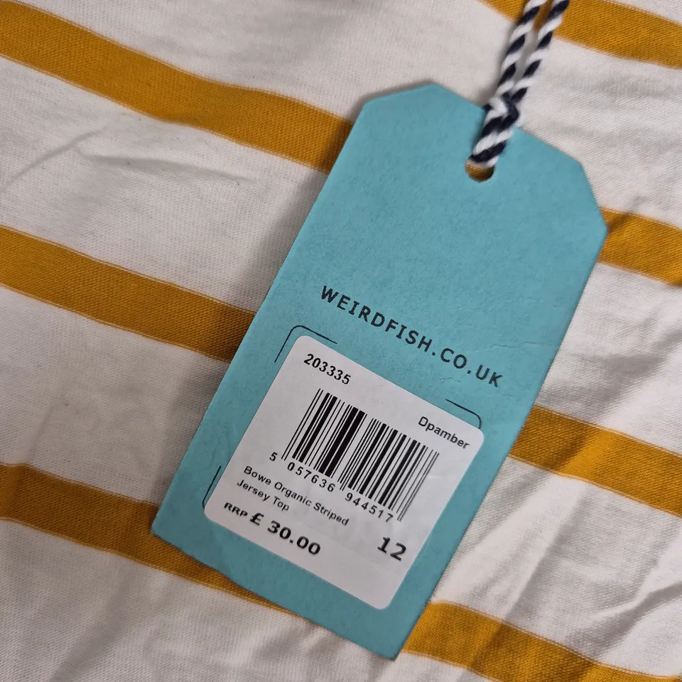 UK 12 WEIRD FISH STRIPED JERSEY TOP – WHITE & MUSTARD