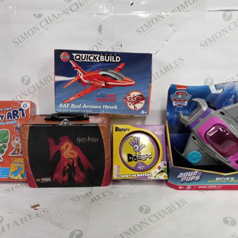 BOX OF APPROX 40 ASSORTED TOYS TO INCLUDE - AIR FIX QUICK BUILD RAF RED ARROWS HAWK - DOBBLE SPOT THE MATCH - PAW PATROL AQUA PUPS ECT