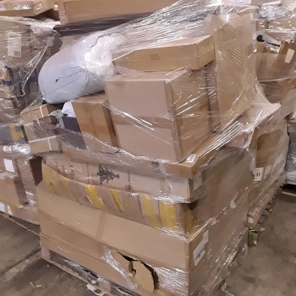 PALLET CONTAINING ASSORTED PRODUCTS INCLUDING CHRISTMAS TREE, WELDING HELMET & IONIC HAIR DRYER