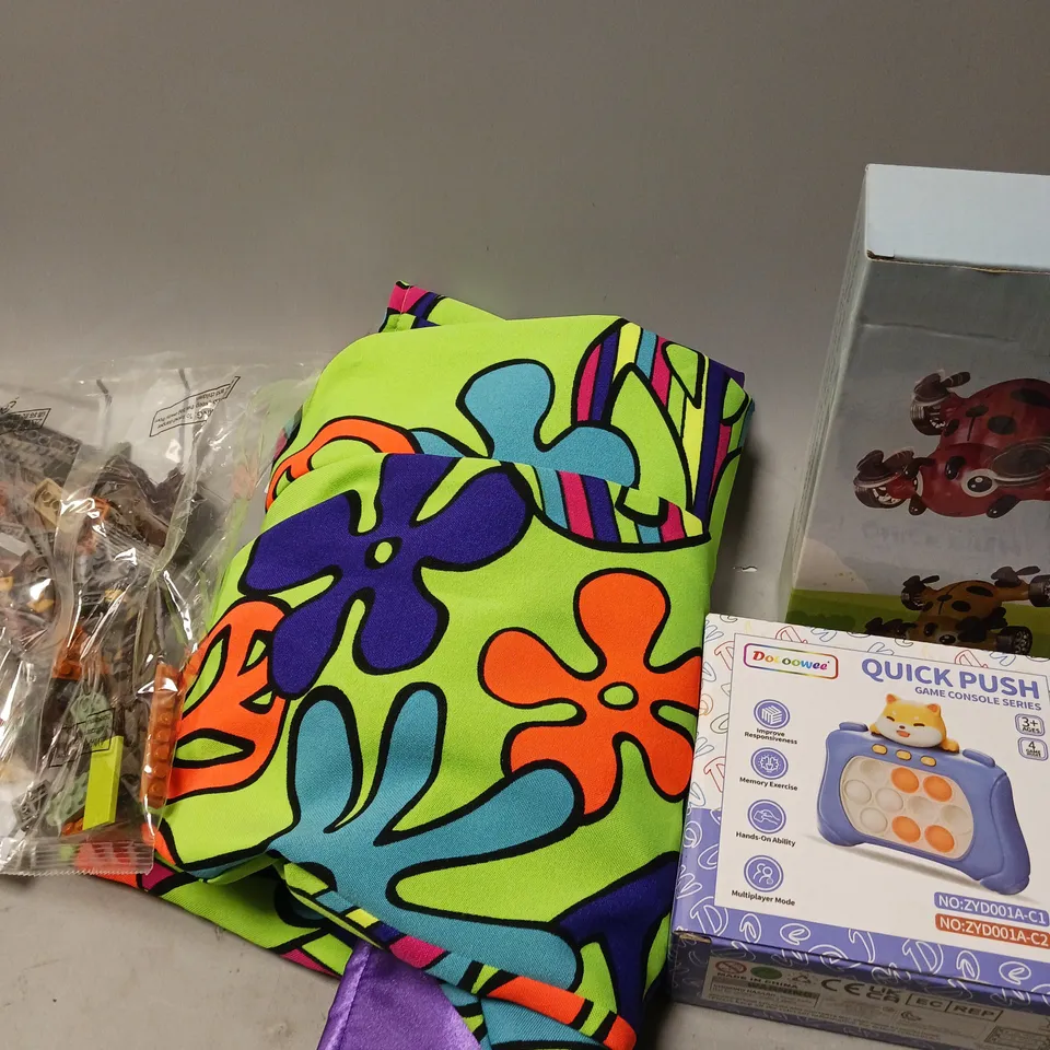 MEDIUM BOX OF ASSORTED TOYS AND GAMES TO INCLUDE FANCY DRESS, LEGO AND QUICK PUSH