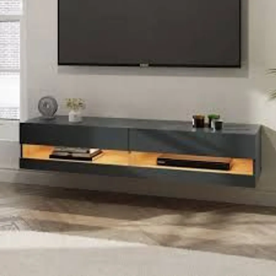 BOXED GFW LEON 2 SHELF ANTHRACITE AND OAK WALL TV UNIT WITH LED (1 BOX)