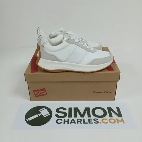 BOXED PAIR OF FITFLOP F-MODE FLOW FABRIC FLATFORM SNEAKERS IN URBAN WHITE MIX - UK 6