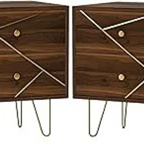 BOXED HOMCOM BEDSIDE TABLES SET OF 2, MODERN SIDE TABLE SET WITH 2 DRAWERS AND STEEL HAIRPIN LEGS, NIGHTSTAND FOR BEDROOM, BROWN WOOD GRAIN ( 1 BOX)