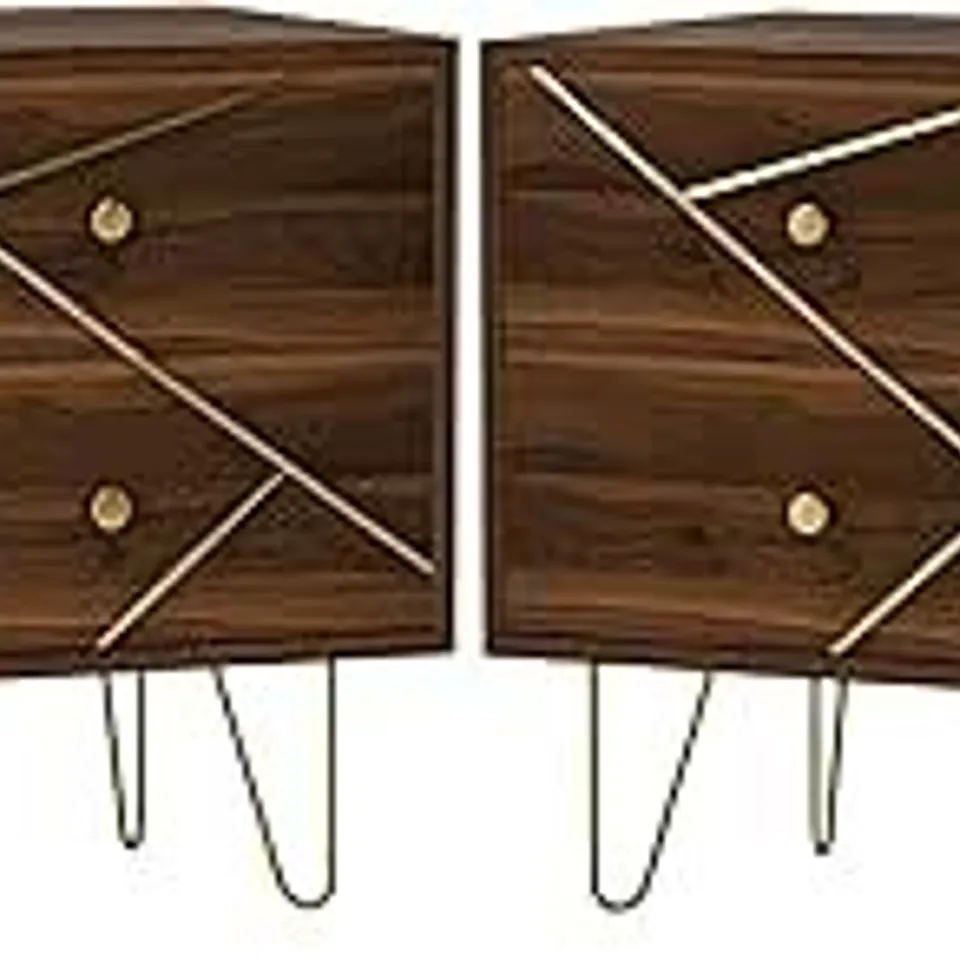 BOXED HOMCOM BEDSIDE TABLES SET OF 2, MODERN SIDE TABLE SET WITH 2 DRAWERS AND STEEL HAIRPIN LEGS, NIGHTSTAND FOR BEDROOM, BROWN WOOD GRAIN ( 1 BOX)