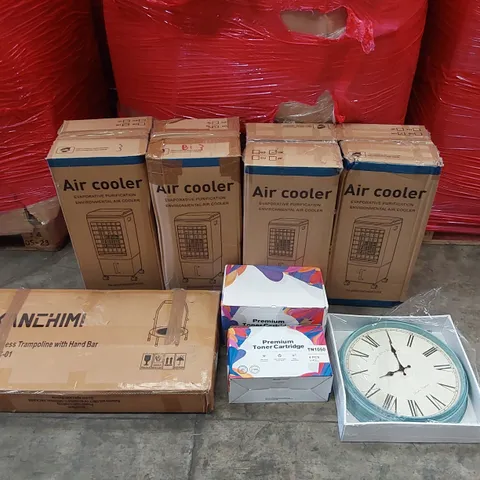 PALLET OF ASSORTED CONSUMER PRODUCTS TO INCLUDE: BOXED AIR COOLERS, 40" FITNESS TRAMPOLINE, TONER CARTRIDGES, WALL CLOCK ECT