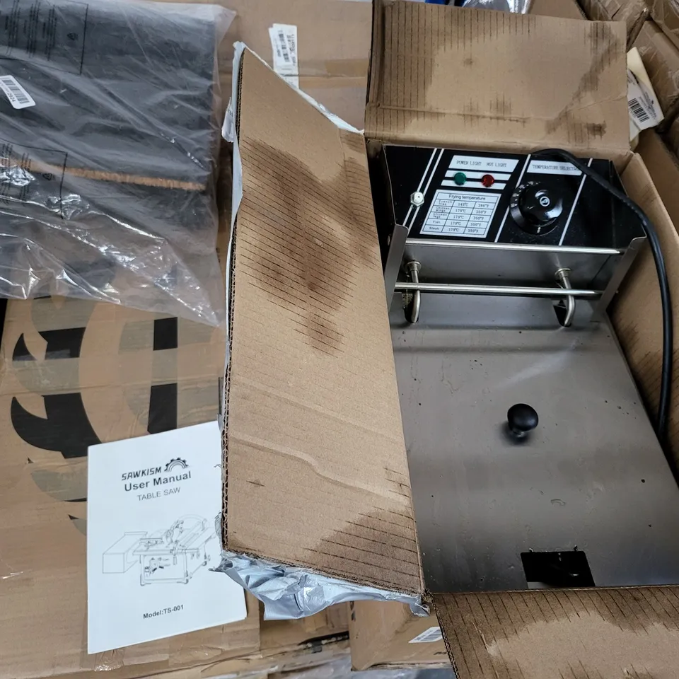 PALLET OF APPROXIMATELY 10 ASSORTED TOOLS, HOME AND KITCHEN APPLIANCES TO INCLUDE BLACK FABRIC FRAME BUILD ABLE WARDROBE, SAWKSIM TABLE SAW, MODEL 81 ELECTRIC FRYER, STITCH PINK CHILDS BIKE, ETC