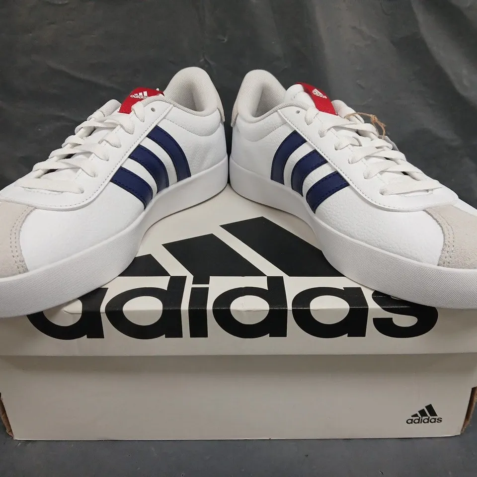 BOXED PAIR OF ADIDAS VL COURT 3.0 SHOES IN WHITE/NAVY SIZE UK 10