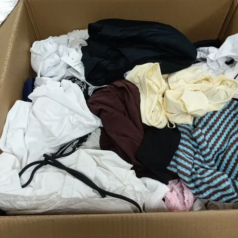 BOX OF APPROXIMATELY 25 ASSORTED CLOTHING ITEMS IN VARIOUS STYLES , COLOURS AND SIZES