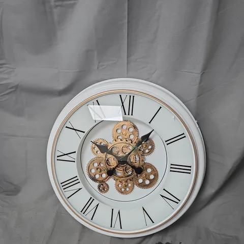 WALL CLOCK WITH VISIBLE BRASS GEARS – WHITE FRAME 