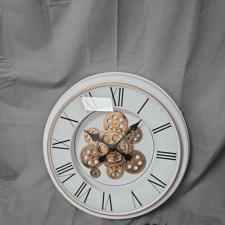 WALL CLOCK WITH VISIBLE BRASS GEARS – WHITE FRAME 