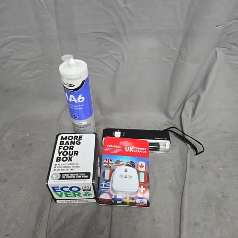 APPROXIMATELY 15 ASSORTED HOUSEHOLD ITEMS TO INCLUDE TOURIST ADAPTER PLUG, TORCH, ECO VER, SEALANT ETC