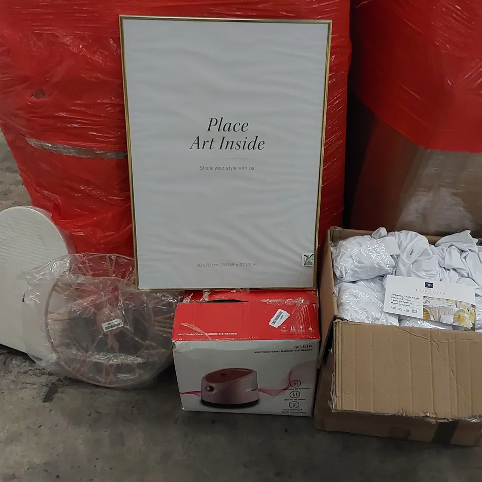 PALLET OF ASSORTED ITEMS INCLUDING: GARMENTS STEAMER, DECORATIVE CLOCK, TOILET SEAT, PICTURE FRAME, CHAIR COVERS