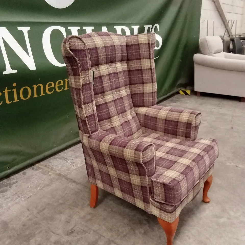QUALITY DESIGNER CHICHESTER WINGED & BUTTONED HIGH-BACK FABRIC CHAIR