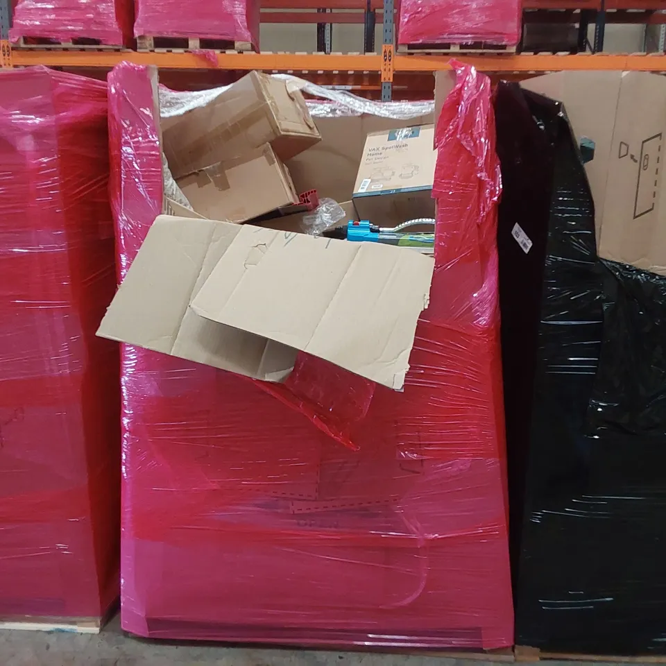 PALLET OF ASSORTED ITEMS INCLUDING: RETRACTABLE SAFETY GATES, ELECTRIC BUG ZAPPER, RUG, DOOR MAT, OSCILLATING SPRINKLER ECT
