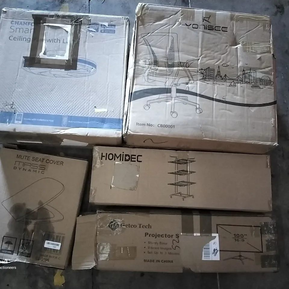 PALLET OF ASSORTED ITEMS INCLUDING MASS DYNAMICS TOILET SEAT, HOMIDEC DRYING RACK, 100" PROJECTOR SCREEN, OFFICE CHAIR, CEILING FAN WITH LIGHT, ESPRESSO MACHINE 