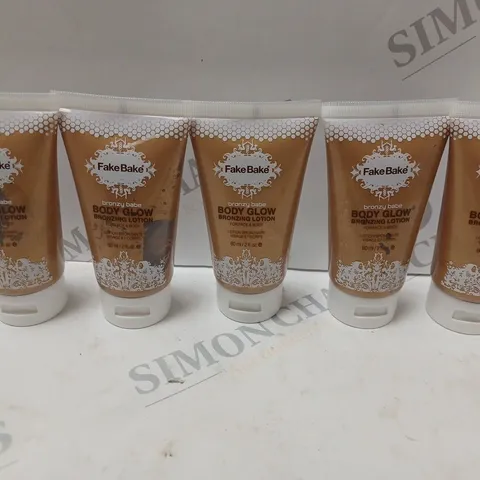 BOX OF 5 X 60ML TUBES OF FAKE BAKE BODY GLOW BRONZING LOTION FOR FACE AND BODY