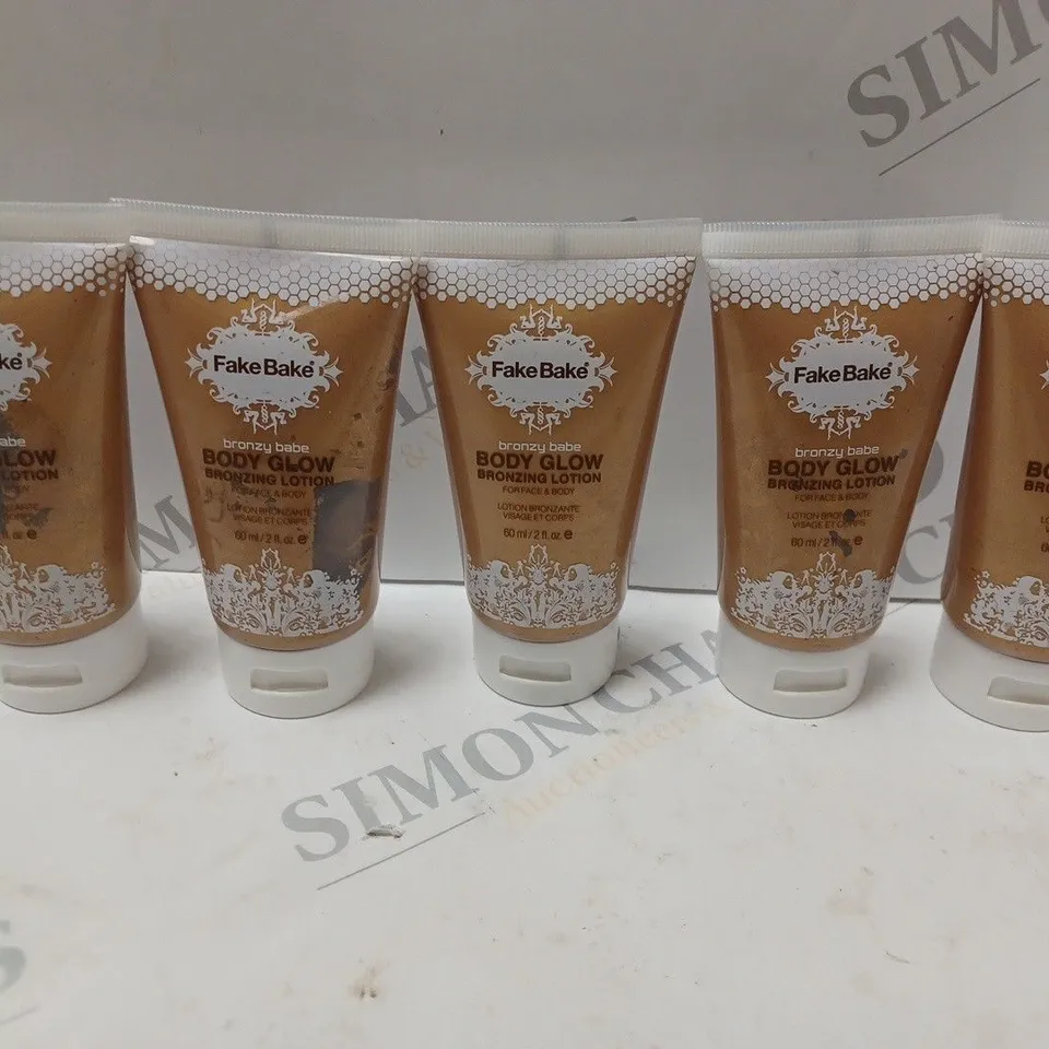 BOX OF 5 X 60ML TUBES OF FAKE BAKE BODY GLOW BRONZING LOTION FOR FACE AND BODY
