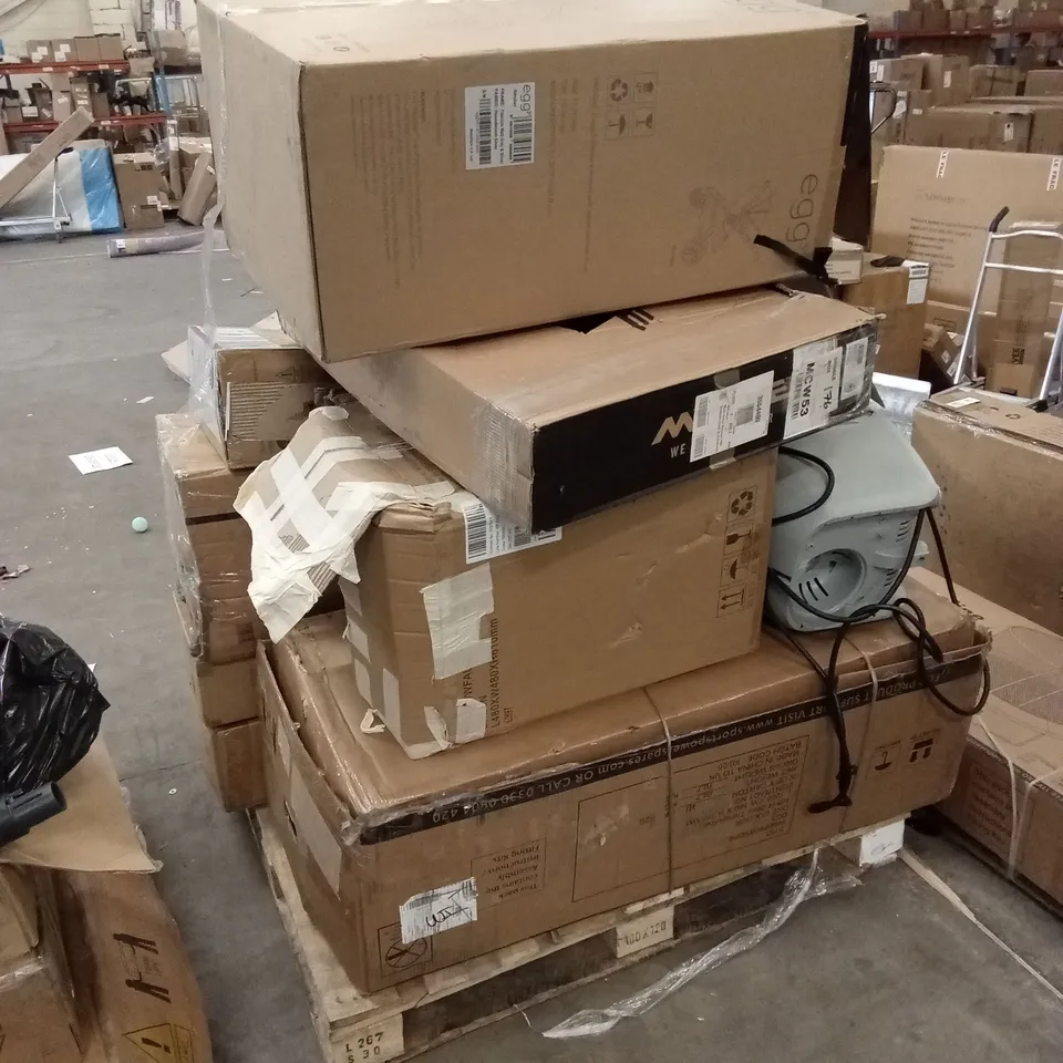 PALLET OF ASSORTED INCOMPLETE OR DAMAGED HOUSEHOLD GOODS AND PRODUCTS TO INCLUDE; TRAMPOLINE PARTS, PLUM OUTDOOR TOWER PARTS, POOL PUMP ETC