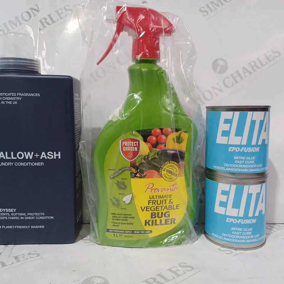 APPROXIMATELY 10 ASSORTED HOUSEHOLD ITEMS TO INCLUDE ELITA EPO-FUSION MITRE GLUE, PROVANTO BUG KILLER, TALLOW + ASH LAUNDRY CONDITIONER, ETC - COLLECTION ONLY
