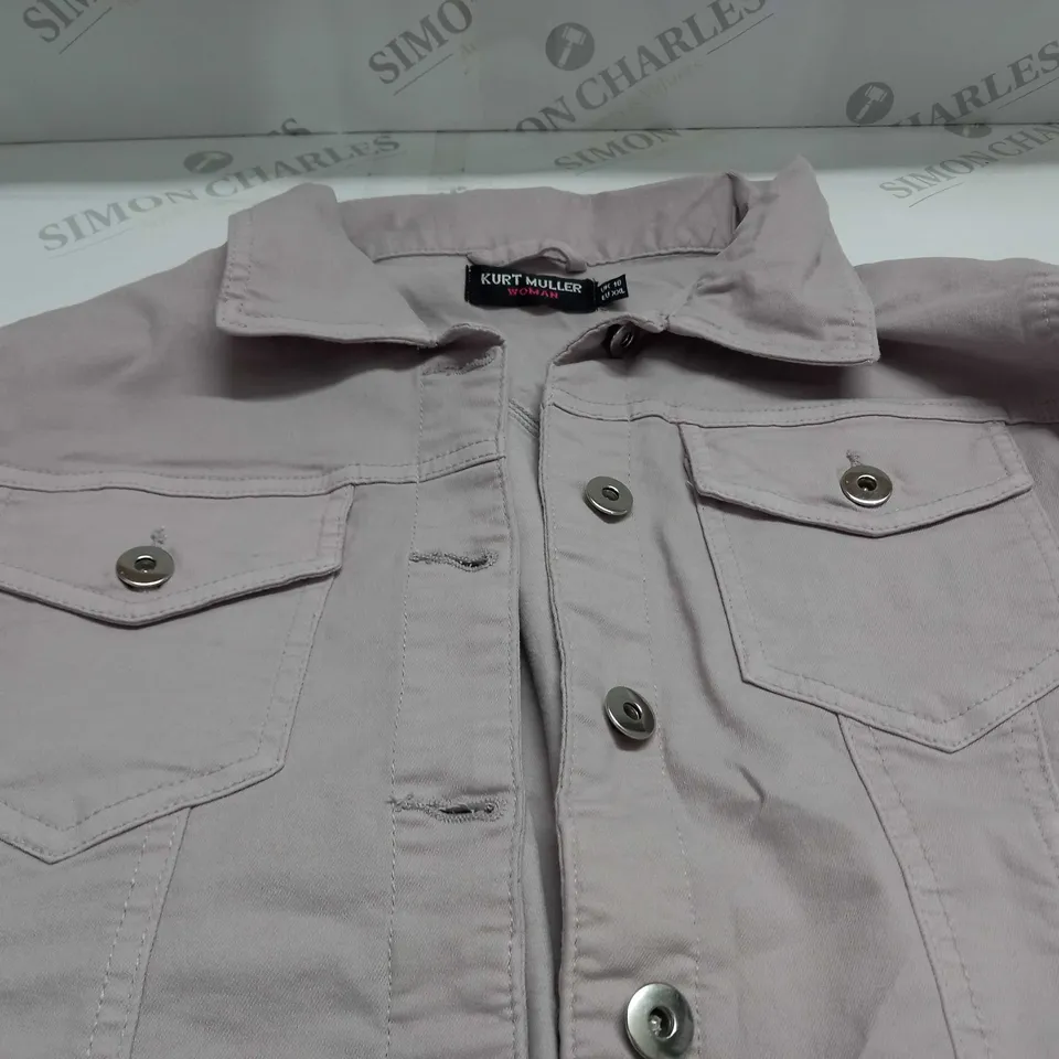 KURT MULLER WOMAN CROP FAUX DENIM JACKET IN PURPLE HAZE - UK 18