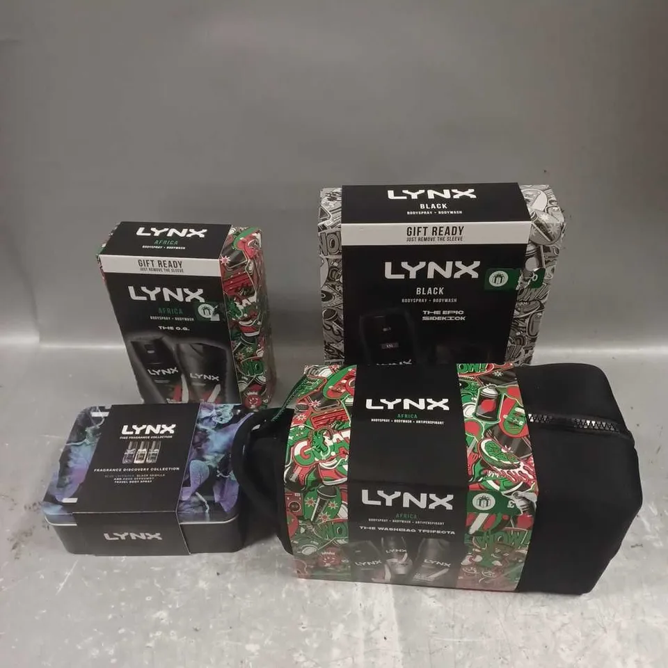 LOT OF 4 ASSORTED LYNX BOXSETS TO INCLUDE - BLACK BODY DUO XXL - AFRICA WASHBAG TRIFECTA - FINE FRAGRANCE DISCOVERY COLLECTION - ETC