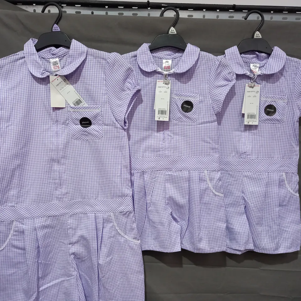 BOX OF APPROXIMATELY 250 GIRLS SCHOOL GINGHAM PURPLE PLAYSUITS IN VARIOUS SIZES - COLLECTION ONLY