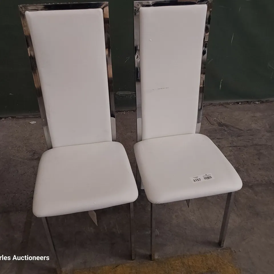 PAIR OF CHROME FRAMED UPHOLSTERED DINING CHAIRS WHITE PU