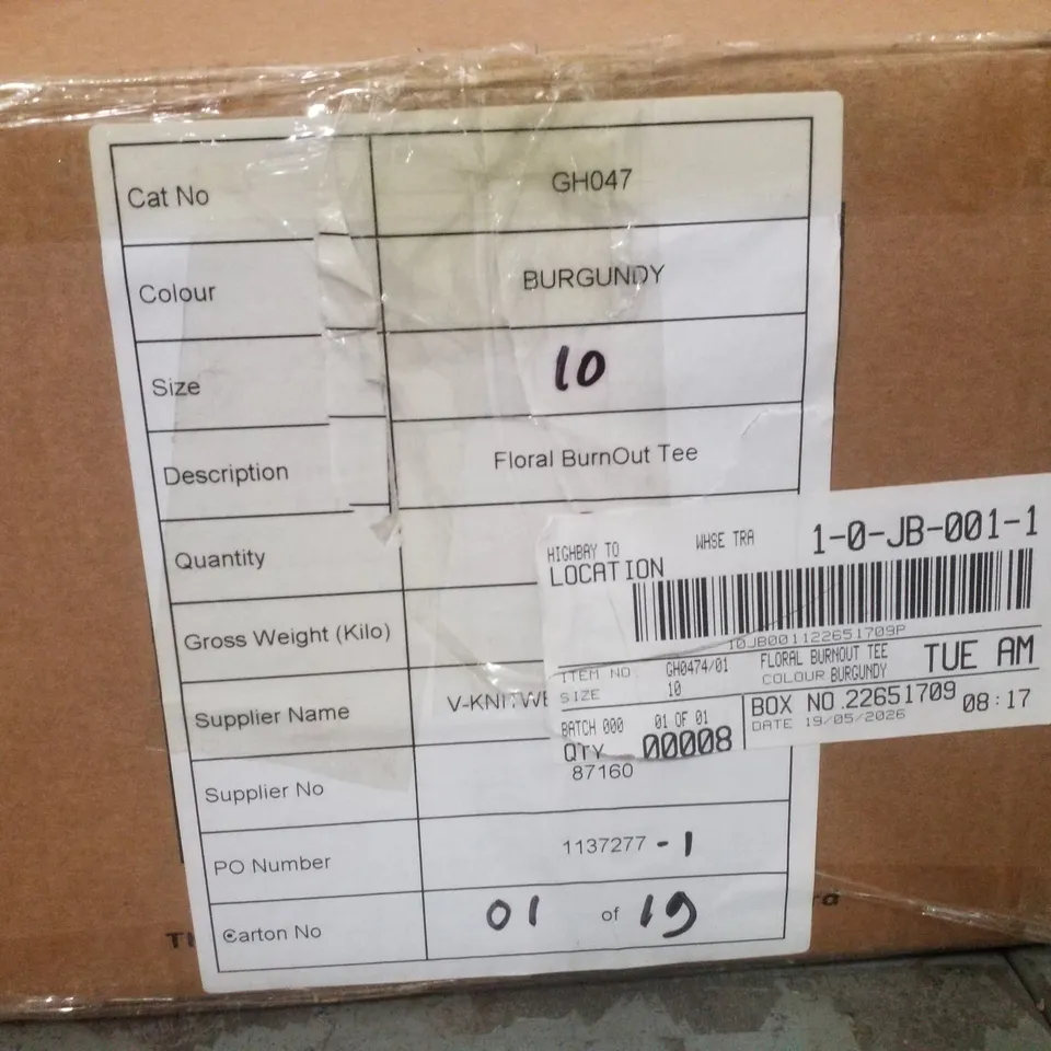 BOX CONTAINING APPROXIMATELY 8 BRAND NEW SIMPLY BE BURGUNDY FLORAL BURNOUT TEES - SIZE 10