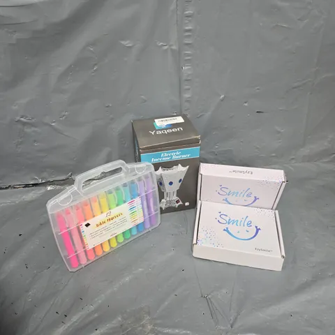 APPROXIMATELY 10 ASSORTED HOUSEHOLD ITEMS TO INCLUDE ELECTRIC INCENSE BURNER. EZYSMILE DENTURES, BIBLE MARKES, ETC