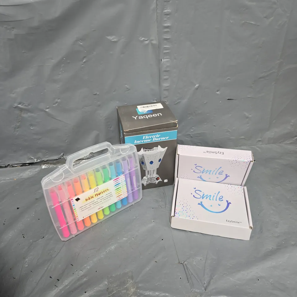 APPROXIMATELY 10 ASSORTED HOUSEHOLD ITEMS TO INCLUDE ELECTRIC INCENSE BURNER. EZYSMILE DENTURES, BIBLE MARKES, ETC