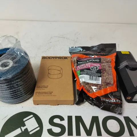 APPROXIMATELY 10 ASSORTED HOUSEHOLD PRODUCTS TO INCLUDE BODYPROX KNEE STRAP; KRILL & SQUID PELLETS; SONUBAITS BAG