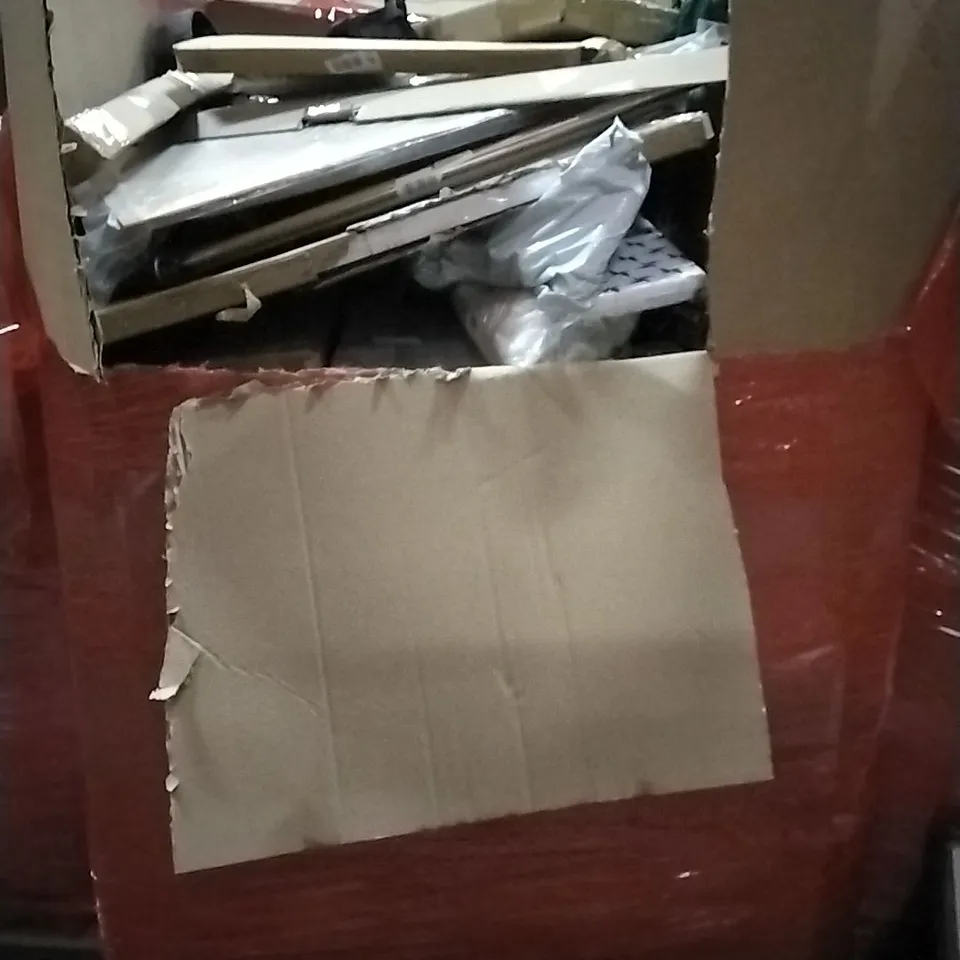 PALLET OF HOUSEHOLD ITEMS TO INCLUDE LED POWER SUPPLY, OWL SWIVEL CHAIR, HIGH CHAIR FOOTREST, BED RAIL AND OTHER ASSORTED ITEMS...