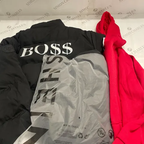 LOT OF ASSORTED CLOTHING ITEMS AND ACCESSORIES TO INCLUDE; T-SHIRTS, JUMPERS ETC