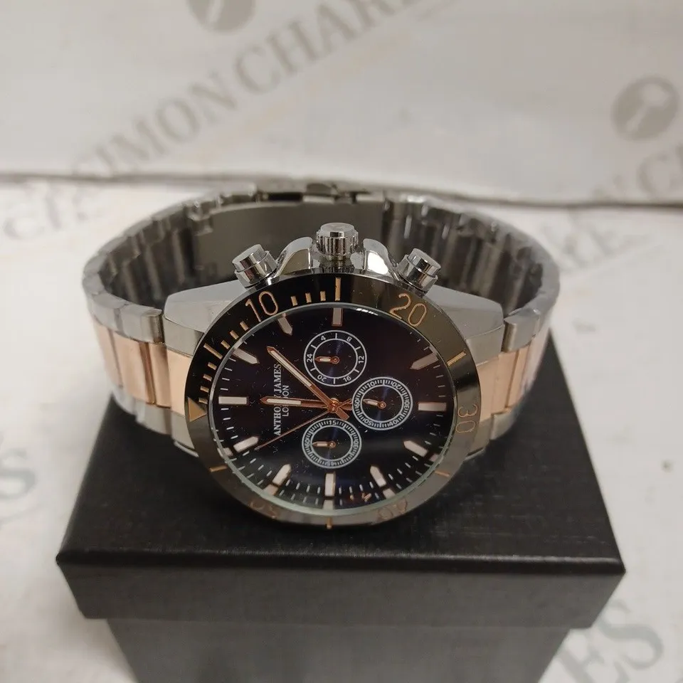 BOXED ANTHONY JAMES CHRONOMETRIC WATCH - TWO TONE STAINLESS STEEL - SUB DIAL - WATER RESISTANT 3 ATM. 