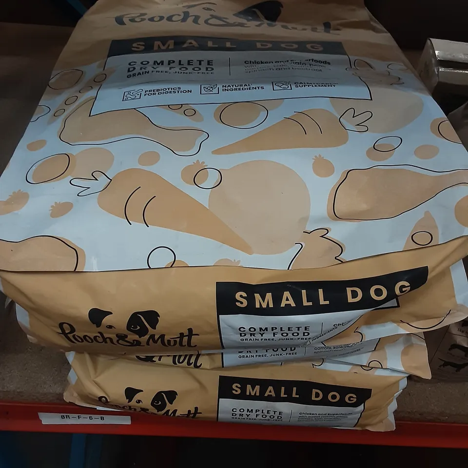 TOTE OF 3 BAGES OF POOCH & MUTT SMALL DOG COMPLETE DRY FOOD CHICKEN AND SUPERFOODS