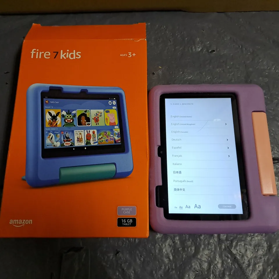 BOXED FIRE 7 KIDS 16GB TABLET WITH PURPLE CASE