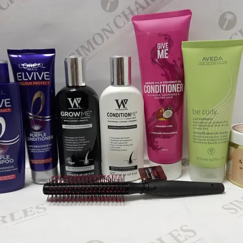 LOT OF APPROX 8 ASSORTED HAIR PRODUCTS TO INCLUDE WATERMANS GROW ME SHAMPOO, AVEDA CURL ENHANCER, REVOLUTION ARGAN OIL MASK, ETC