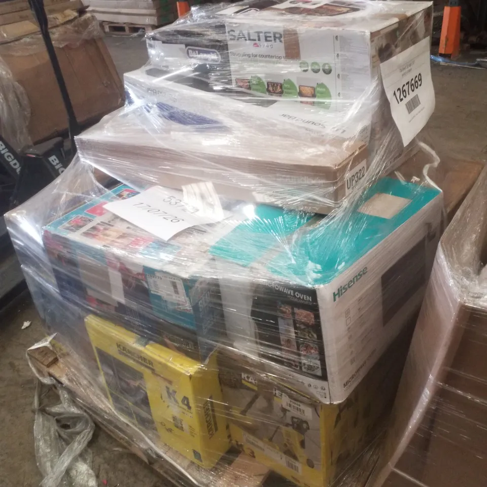 PALLET CONTAINING APPROXIMATELY 14 ASSORTED ITEMS TO INCLUDE SAMSUNG SOUND BAR AND KARCHER PRESSURE WASHER