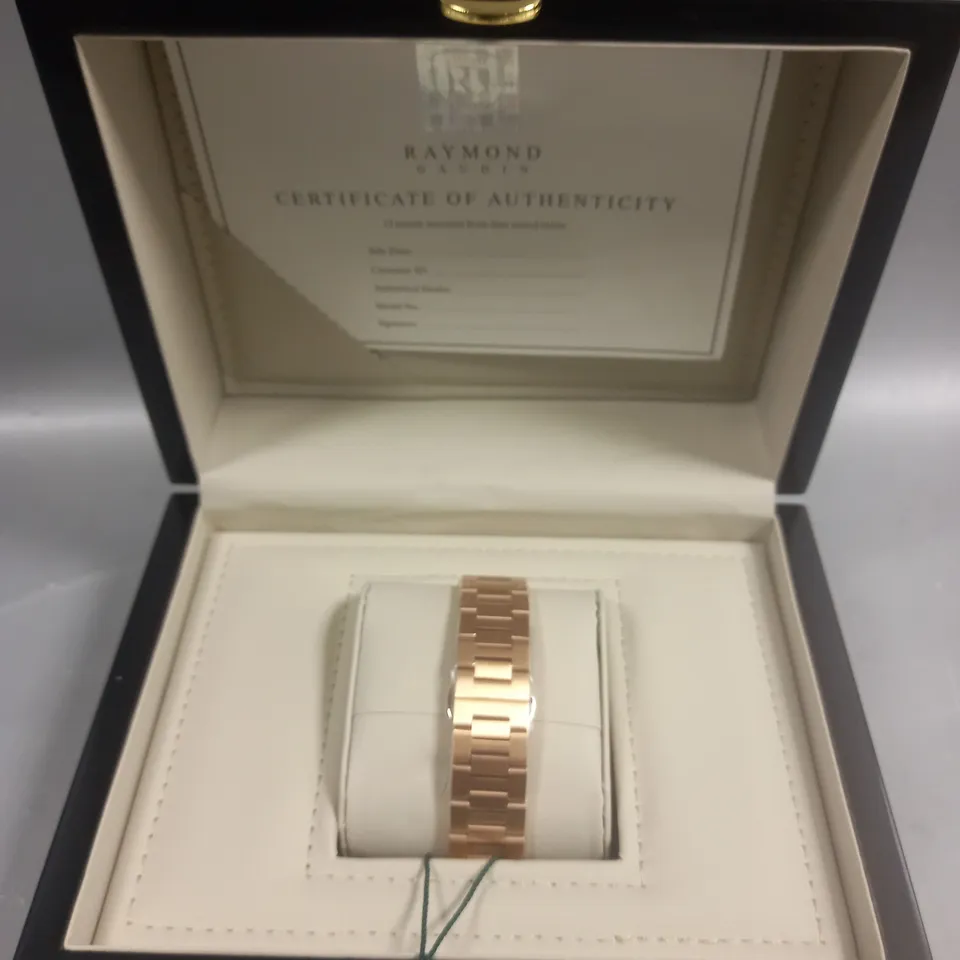 RAYMOND GADUIN STAINLESS STEEL GENTS WATCH WITH JAPANESE MIYOTA MOVEMENT IN WOODEN GIFT BOX