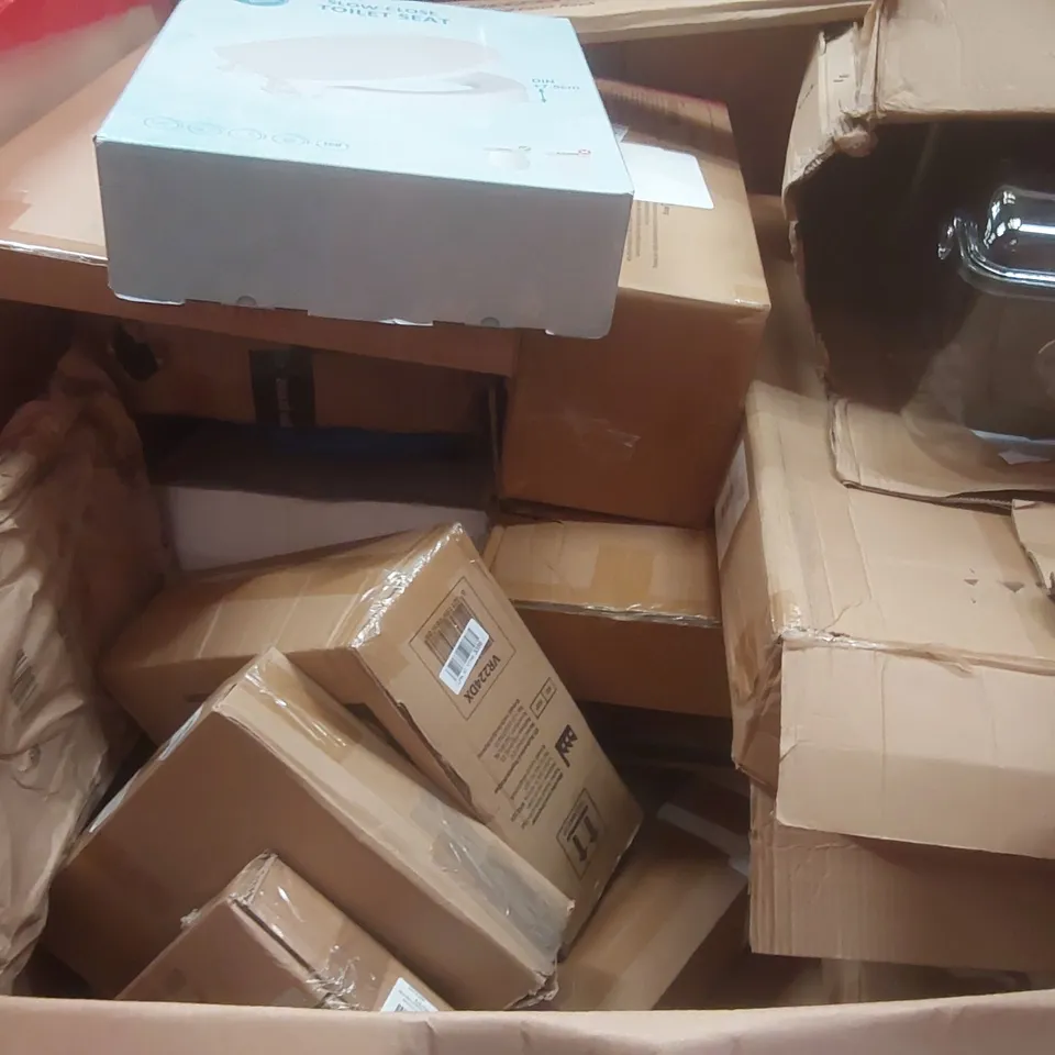 PALLET CONTAINING A VERY LARGE QUANTITY OF ASSORTED ITEMS INCLUDING: WALL MOUNTED CLOTHES RACK, COMMERCIAL SOUND PROOF BLENDER, SLOW-CLOSE TOILET SEAT ECT