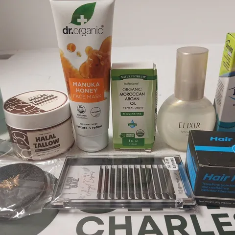 APPROX 12 ASSORTED BEAUTY PRODUCTS TO INCLUDE HALAL TALLOW, MOROCCAN ARGAN OIL, ELIXIR GLOW MIST, ETC