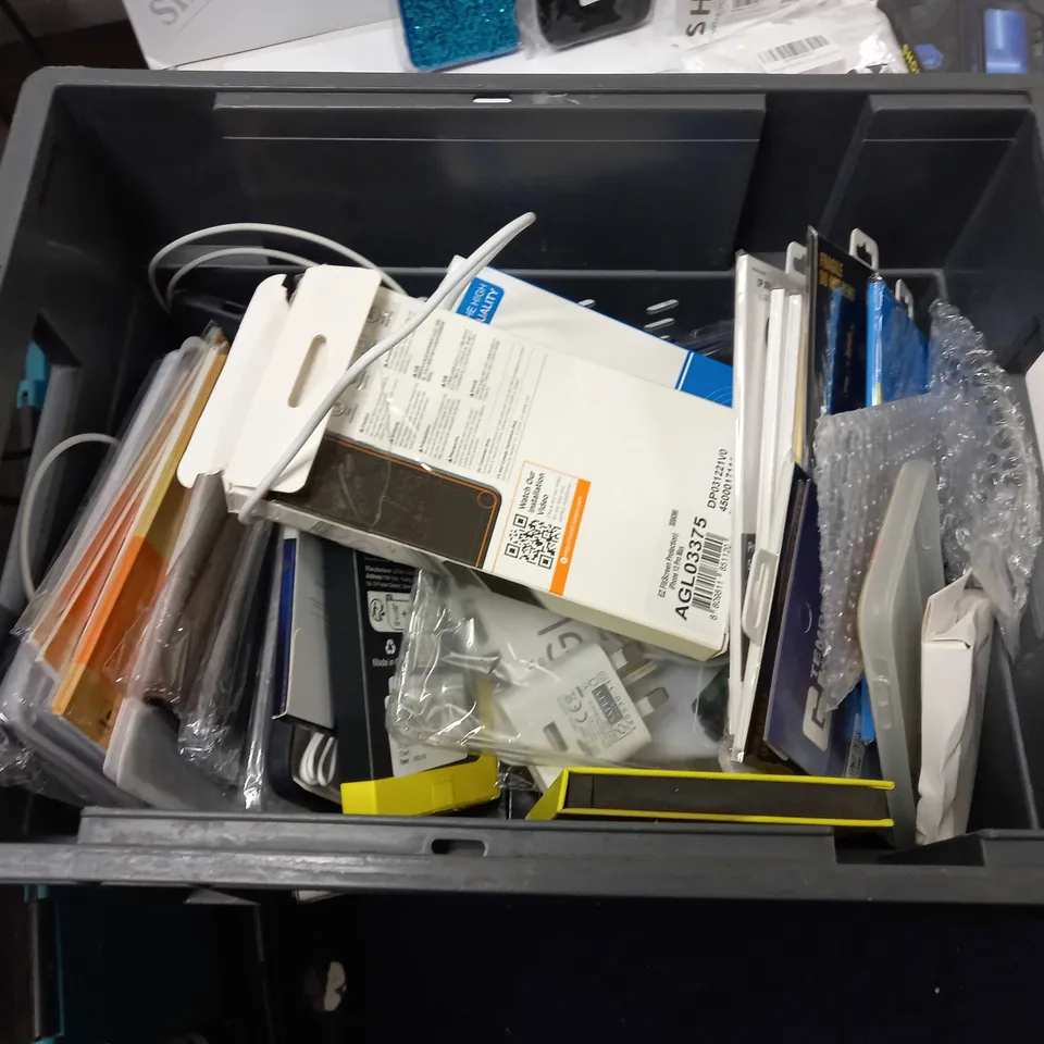 BOX TO CONTAIN APPROX. 35 X ASSORTED PHONE ACCESSORIES. INCLUDES PHONE CASES, SCREEN PROTECTORS, CHARGING CABLES ETC 
